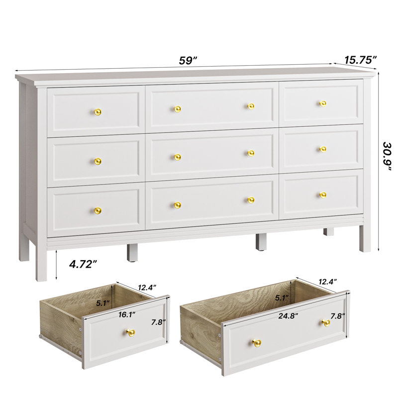 Winston Porter White 9 Drawer Dresser, Modern Dresser With Gold Handles ...